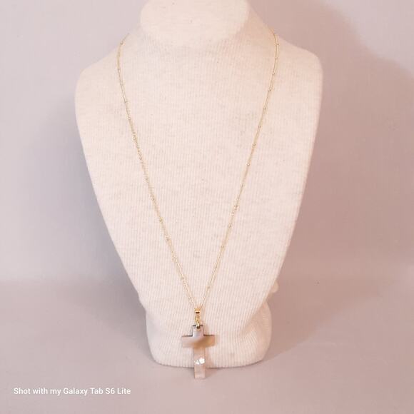 Dainty Necklace Abalone Cross Pendant On 18K Gold Plated Station Chain - Picture 1 of 12